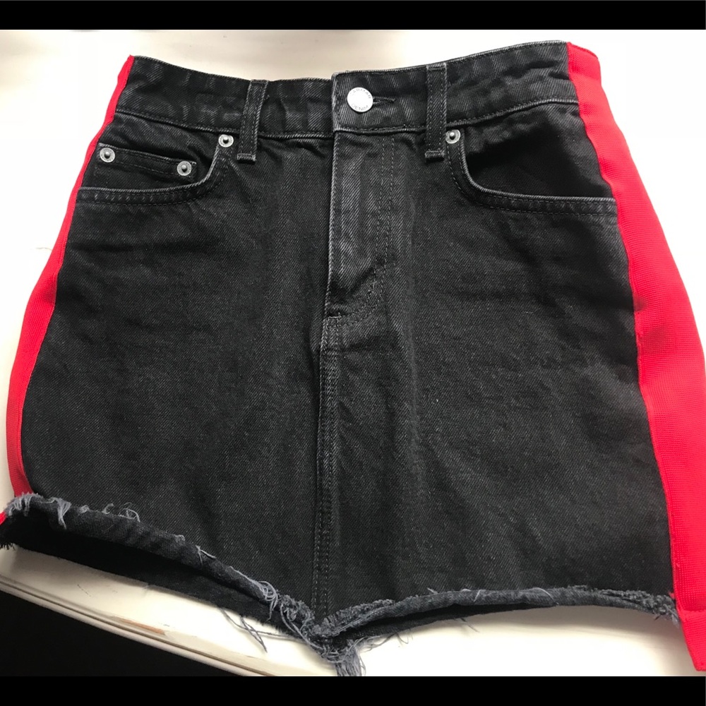 Carmar denim black jean skirt with red side straps